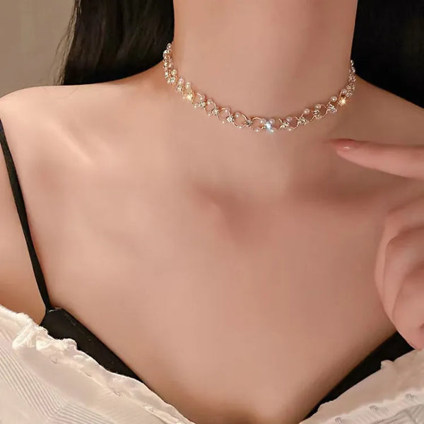 Korean Elegant Pearl Necklace Simple Shining Choker Women Fashion Accessories Jewelry Qoddess